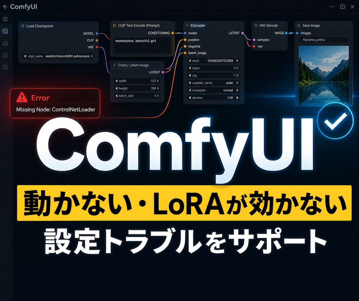 ComfyUIの不具合・設定を解決します 動かない・LoRAが効かない原因を一緒に確認 イメージ1