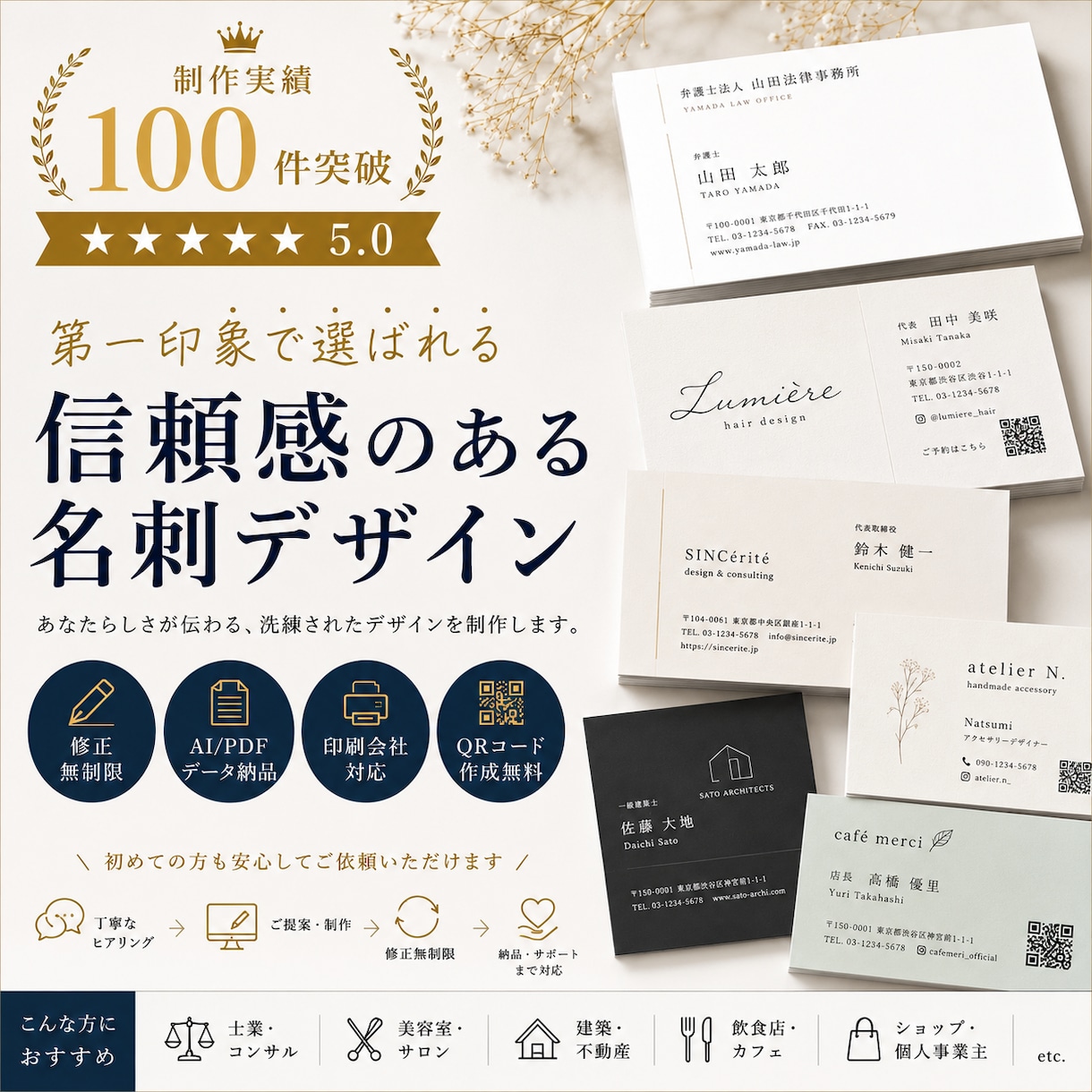 信頼感が伝わるシンプルな名刺デザインを制作します 実績100件以上｜修正無制限・AI/PDF納品・印刷対応 イメージ1