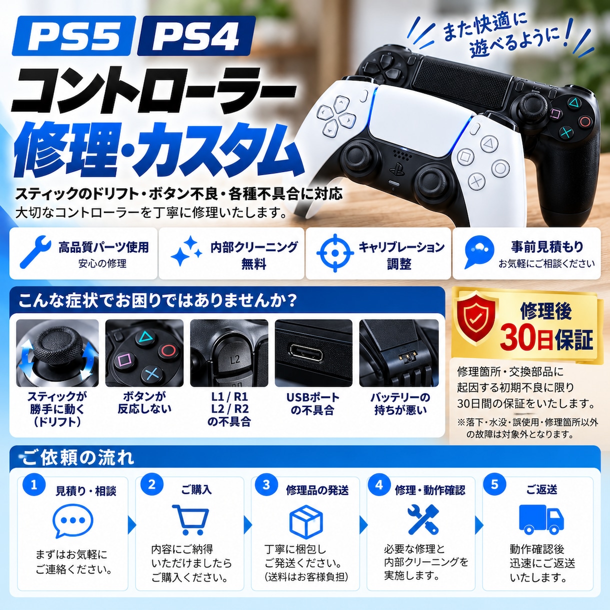 PS4・PS5コントローラーの不具合を修理します スティックのドリフトやボタン不良に対応！動作確認も丁寧に実施 イメージ1