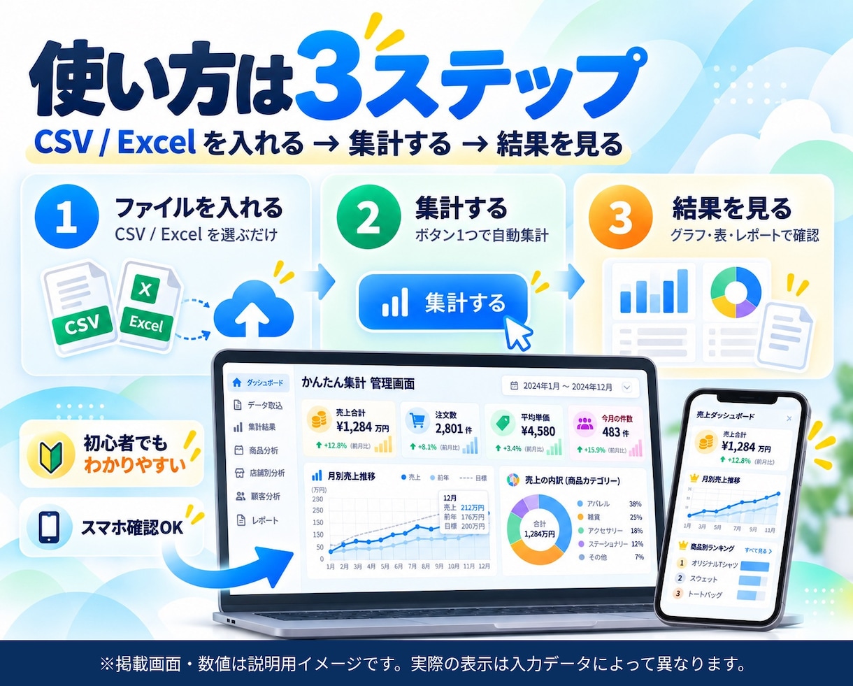 店舗・ECの売上CSV・Excelを自動集計します 店舗別・商品別の売上と月次推移をグラフで見える化 イメージ6