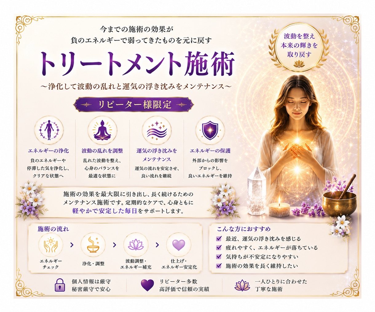 リピーター様限定トリートメント鑑定施術致します 今まで掛けた施術のメンテナンス鑑定施術 イメージ1