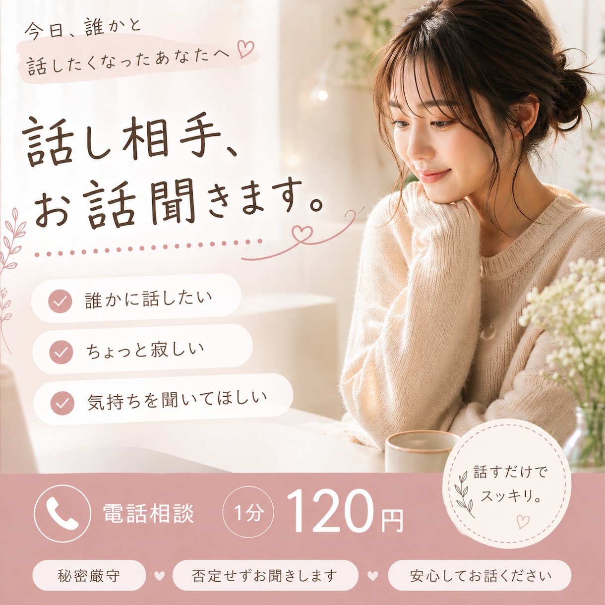 なんとなく話したい夜に。ゆっくりお話聞きます お試し1分からOK！ゆるゆる関西人が聞きます◎ イメージ1