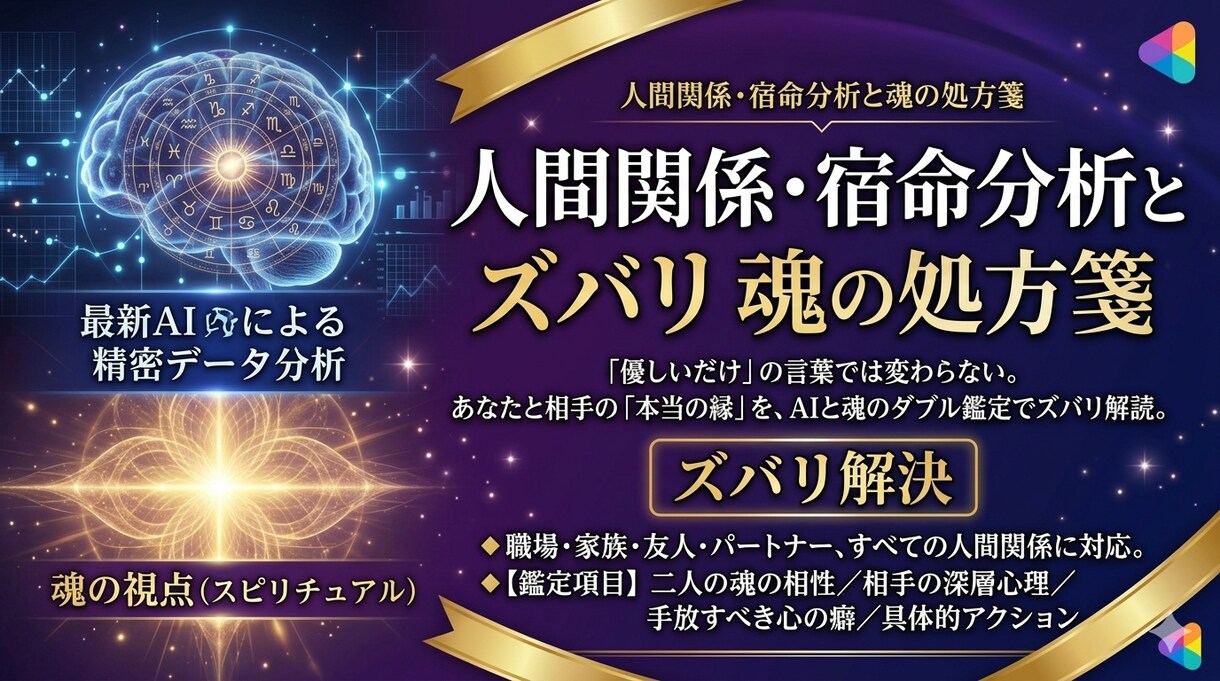 あの人との『本当の縁』を視る人間関係宿命分析ます 最新AIと魂の視点で、あの人との本当の絆をズバリ解読。 イメージ1