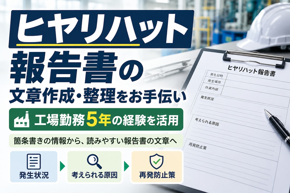 ヒヤリハット報告書の文章を作成します 工場勤務5年の経験を活かし、読みやすい文章に整えます イメージ1