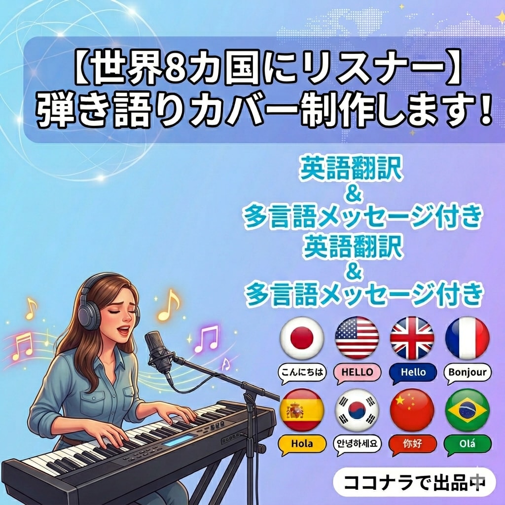 8カ国語対応英語翻訳・ピアノ弾語り歌唱承りますます 世界8カ国にリスナーを持つ奏者が、英語翻訳とピアノで歌います イメージ1