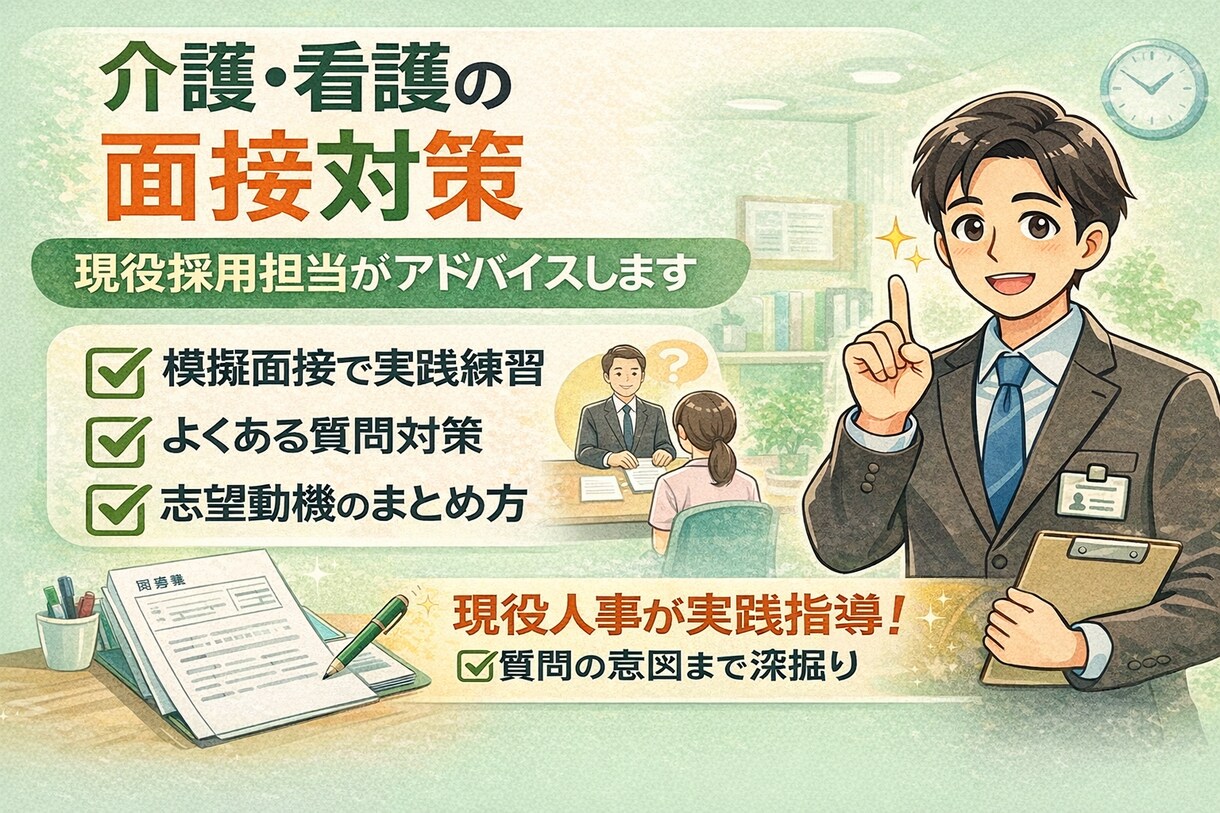介護・看護の面接対策｜現役採用担当がアドバイスます 現役人事が実践指導！質問の意図まで深掘り イメージ1