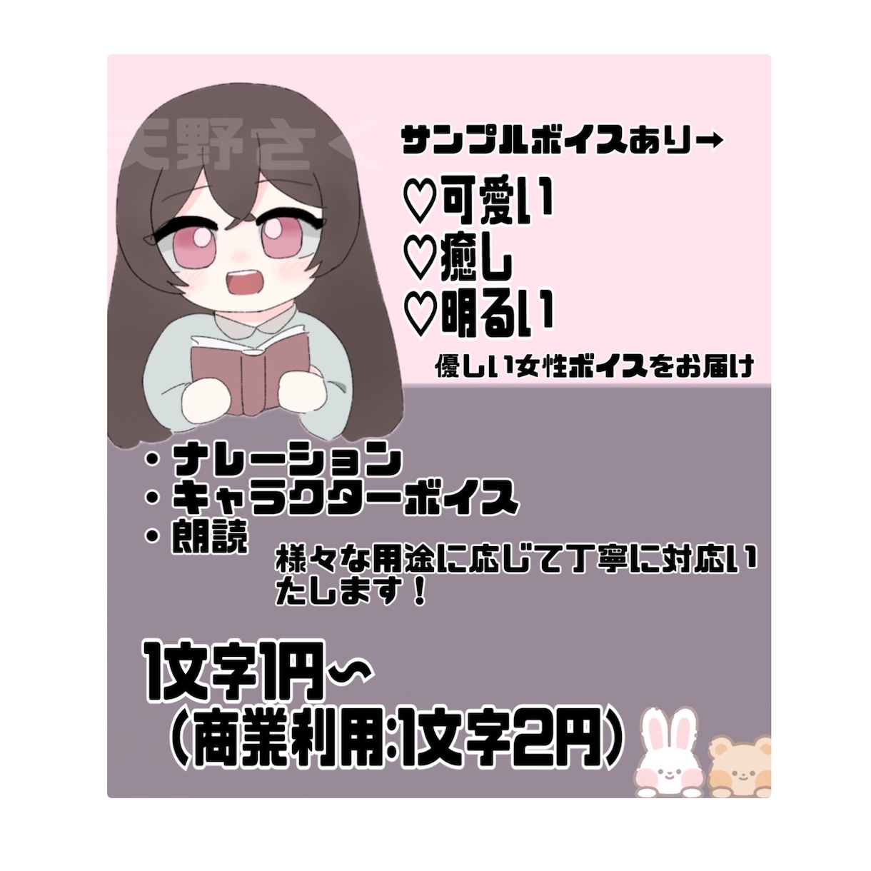 安価で優しい女性ボイスをお届けします 女性らしいボイスを1文字1円でご提供！（商業利用:2円） イメージ1