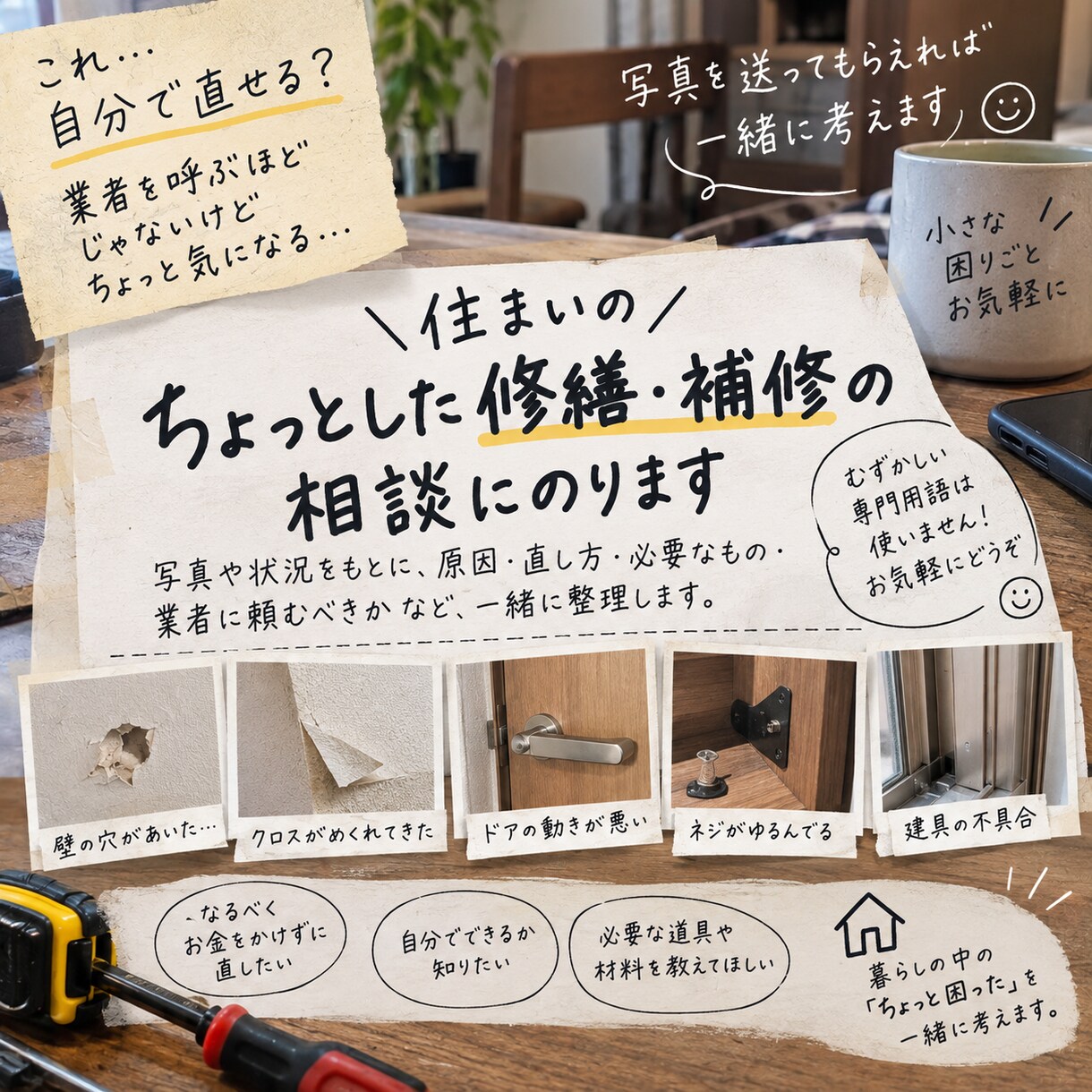 これ自分で直せる？お家の困り事を写真で整理します 応急処置・低コスト補修・業者依頼等、現実的な方法を考えます イメージ1