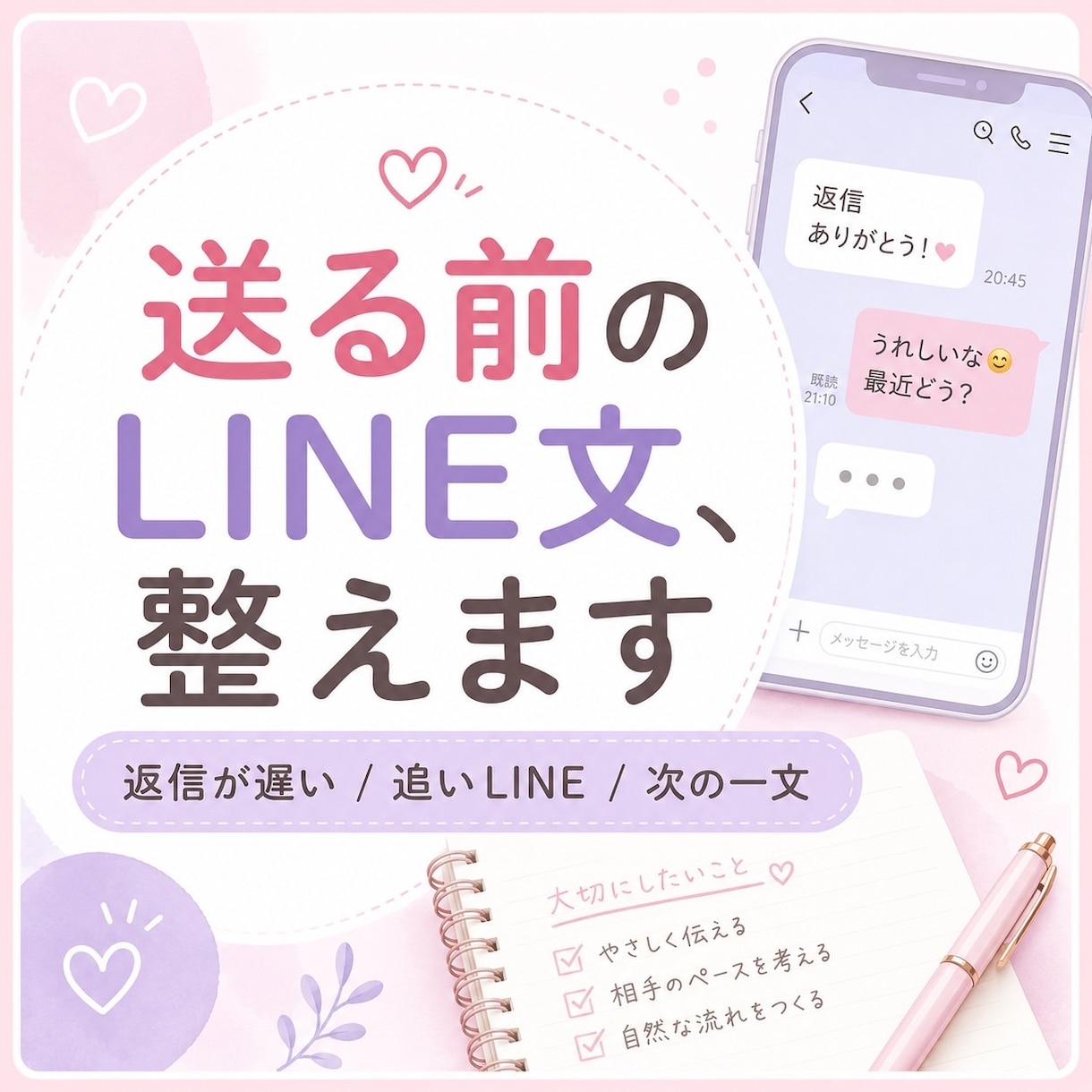 好きな人に送るLINE文を一緒に整えます 送る前に、気持ちとLINE文をやさしく整理します イメージ1
