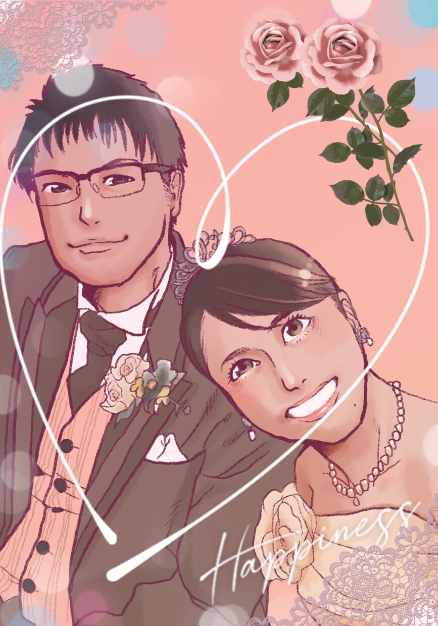 リアル寄りで温かい似顔絵のウェルカムボード描きます 程よくリアルで綺麗めな似顔絵でウェルカムボードにオススメ！ イメージ3