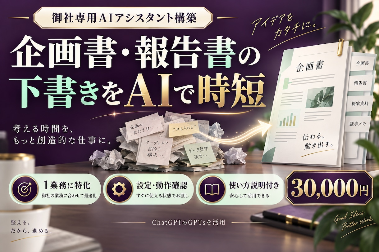 企画書・報告書の下書き用の専用AIを構築します １業務専用のGPTs。設定・動作確認・使い方説明まで イメージ1