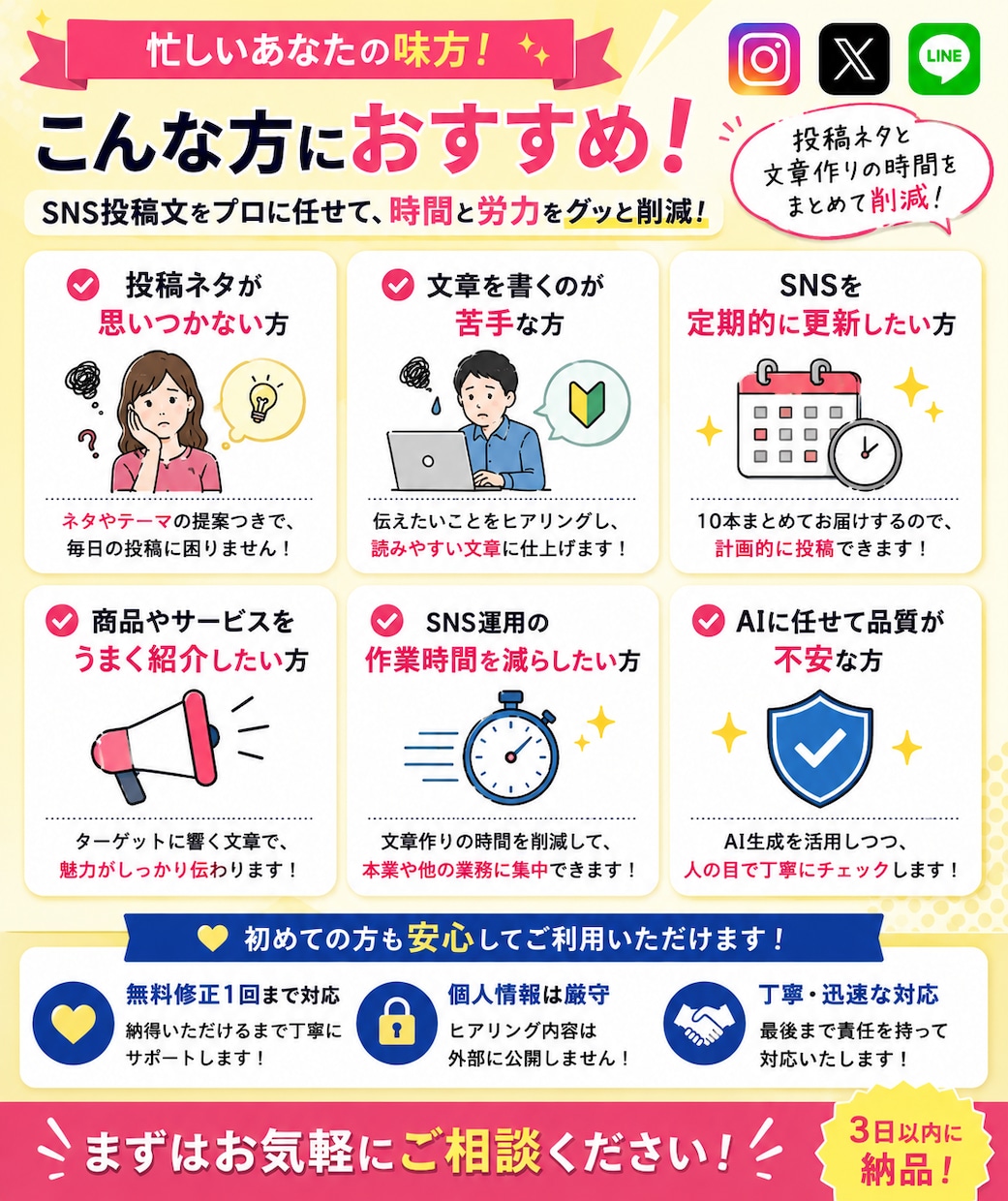 SNS投稿文を10本まとめて作成します 投稿ネタ・CTA・ハッシュタグまで提案 イメージ4