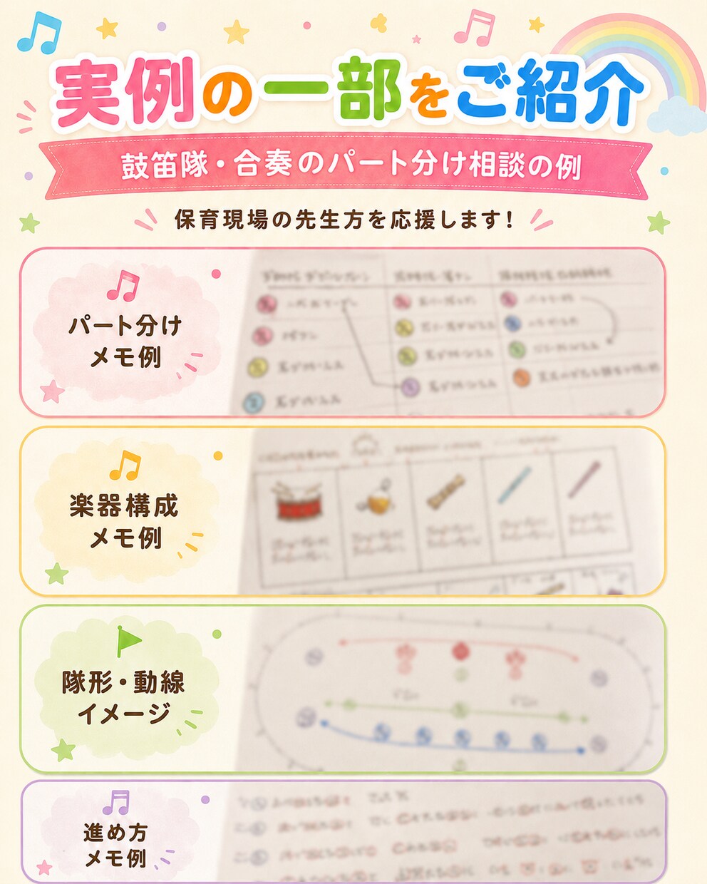 鼓笛隊・合奏のパート分けを一緒に考えます 年齢・人数・楽器に合わせて、無理のない形をご提案します イメージ4