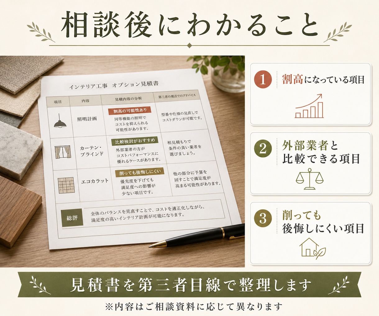 マンションオプション見積を第三者目線で診断します 高額なオプションも、必要か整理して後悔のない選択をサポート。 イメージ5