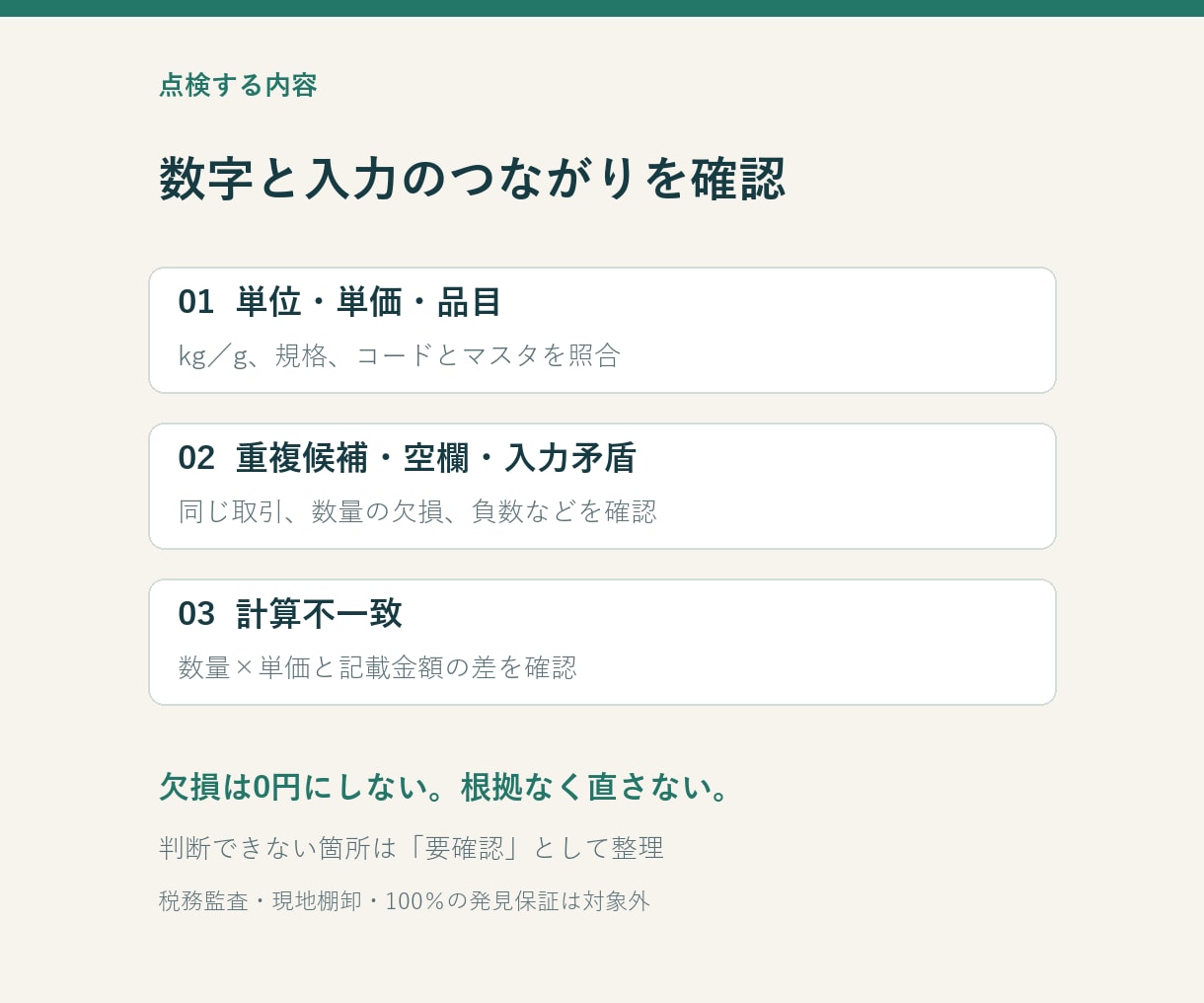 飲食店の仕入・棚卸データを点検します 単位・単価・空欄を照合し要確認一覧へ イメージ2