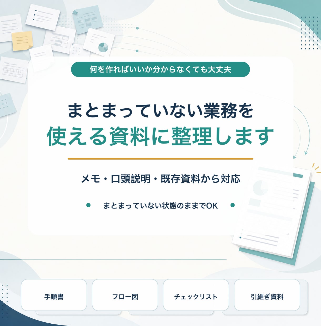 まとまっていない業務を整理し必要な資料にします メモや口頭説明から手順書・フロー図など最適な形をご提案します イメージ1