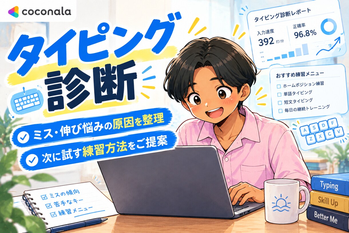 あなたのタイピングを診断し、練習方法を提案します つまずきを整理し、次に試す練習方法をご提案します。 イメージ1