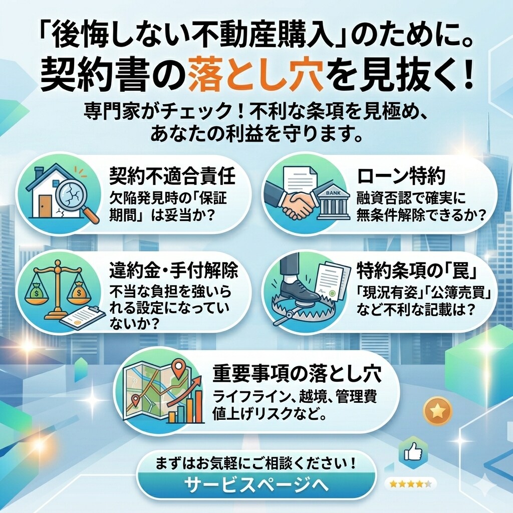 住宅購入前に宅建士が売買契約書・重説チェックします 住宅購入前の契約リスクを業界１０年のプロが確認します イメージ3