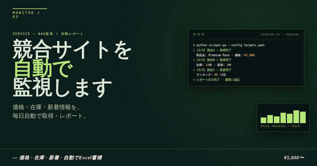 競合サイト情報を定期収集し提供します 価格・在庫・新着情報を自動で取得しレポート化 イメージ1