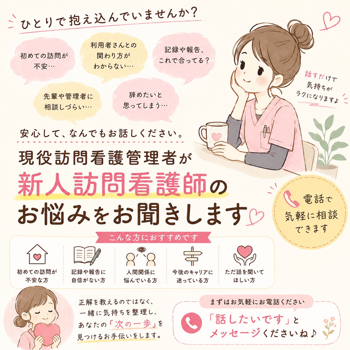 現役訪問看護管理者が新人訪問看護師の悩みを聞きます ただ話を聞くだけではなく、一緒に気持ちを整理しサポートします イメージ1