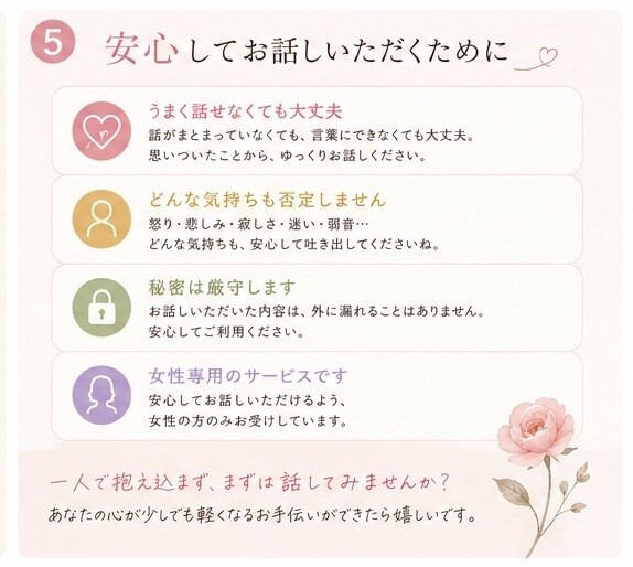 心の中にある悩みやモヤモヤをお聞きします まとまっていなくても大丈夫。悩みを一緒に整理しましょう。 イメージ5