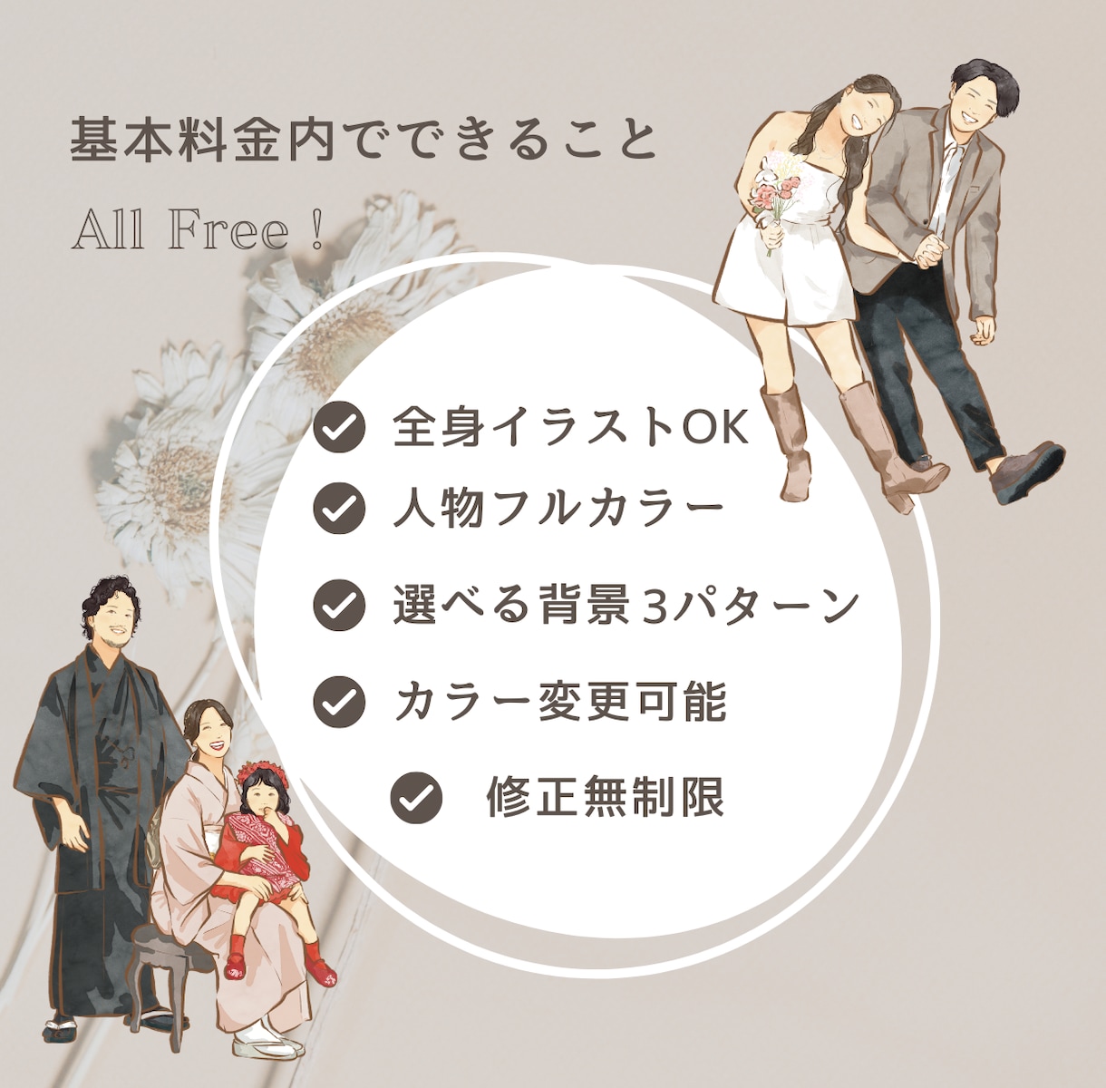シンプルでおしゃれな似てる似顔絵イラストを描きます 両親贈呈品/カップル、結婚記念日/還暦祝/ギフト♡大人数OK イメージ5