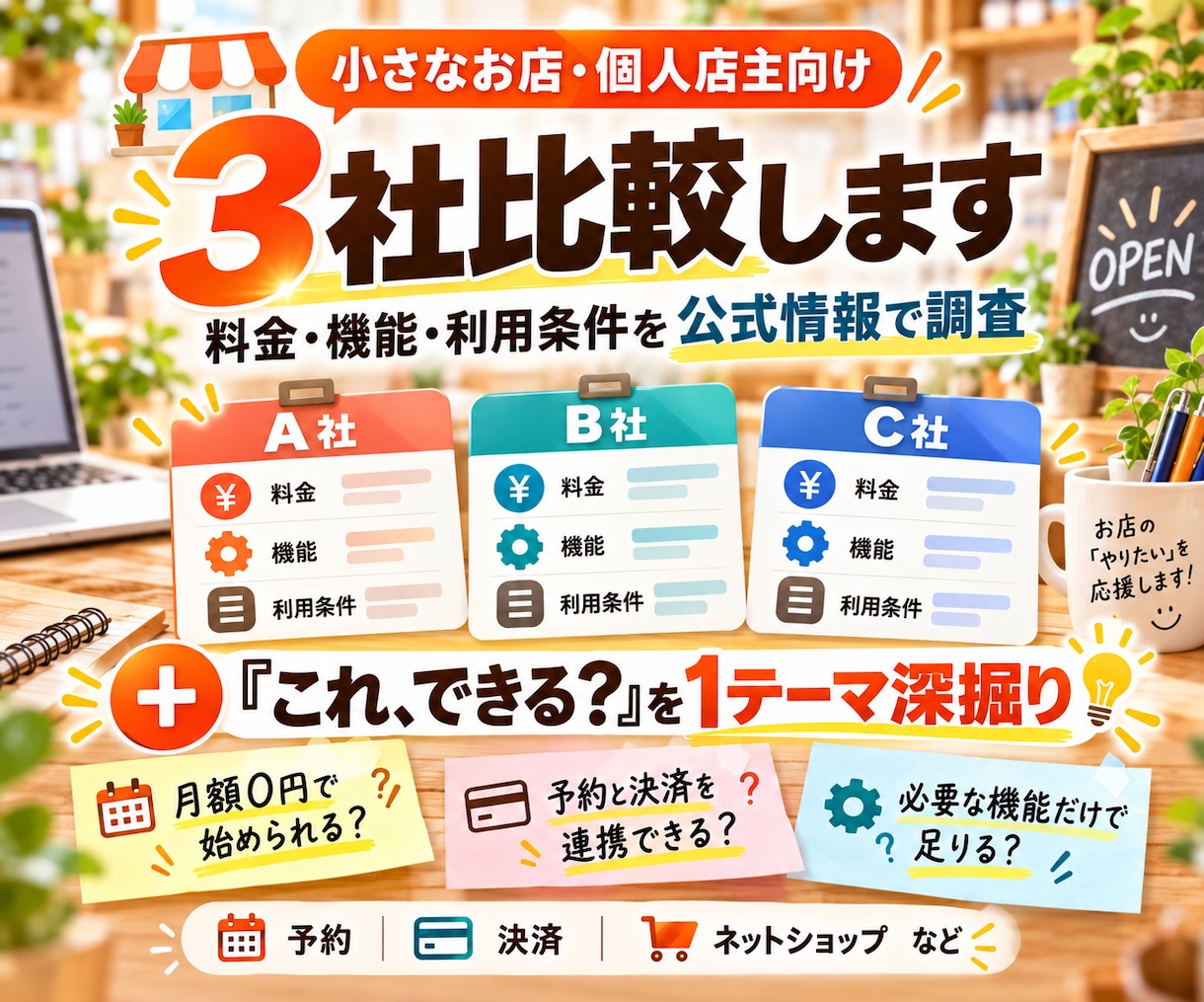 小さなお店・個人店主の「どれがいい？」を比較します 3社比較＋あなたの「これって、できる？」を1つ深掘りします。 イメージ1