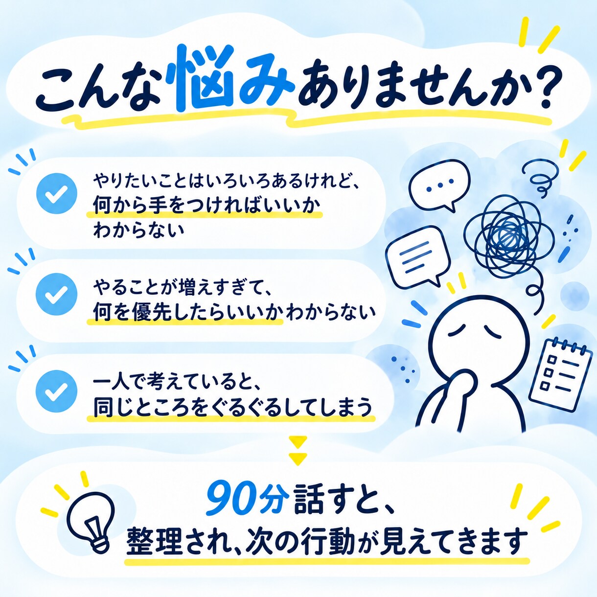90分で、今やることと、次の一歩を言葉にします やりたいことはある。でも一人ではまとまらない方へ イメージ2