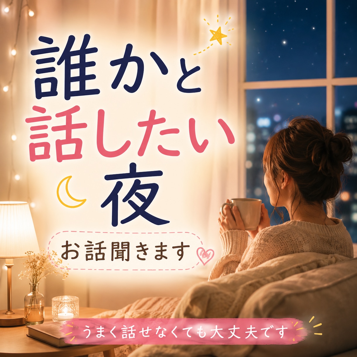 誰かと話したい夜、お話聞きします うまく話せなくても大丈夫です。話したいことを話したいだけ。 イメージ1
