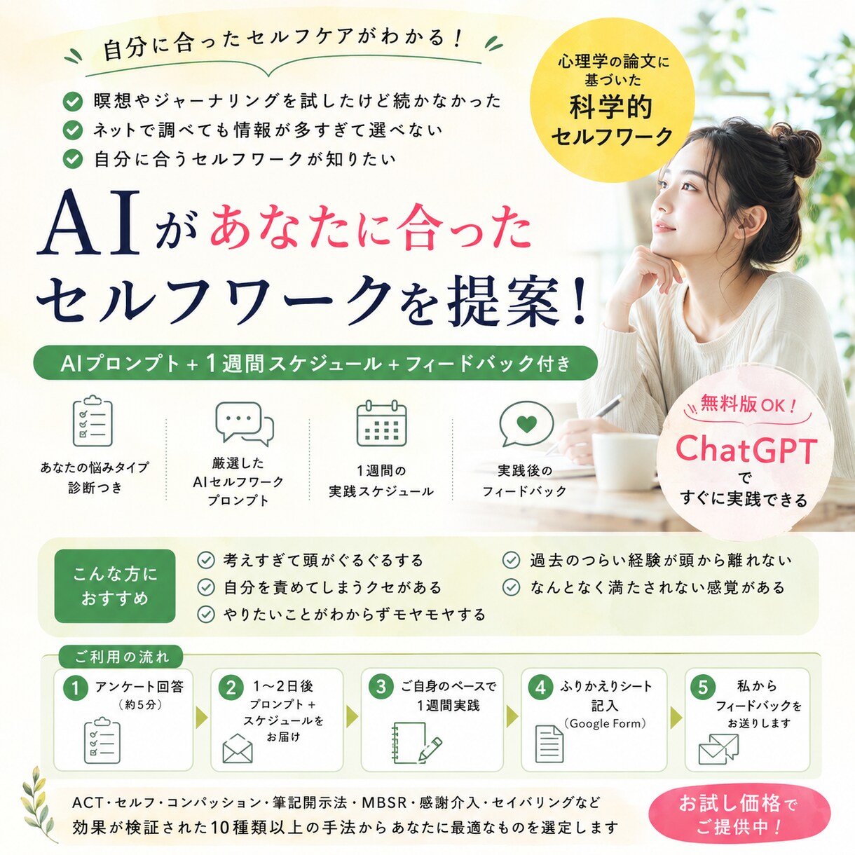 AI相談用プロンプトを1週間コースで作成します 論文ベースで選ぶ、あなた専用のセルフワーク1週間コース イメージ1