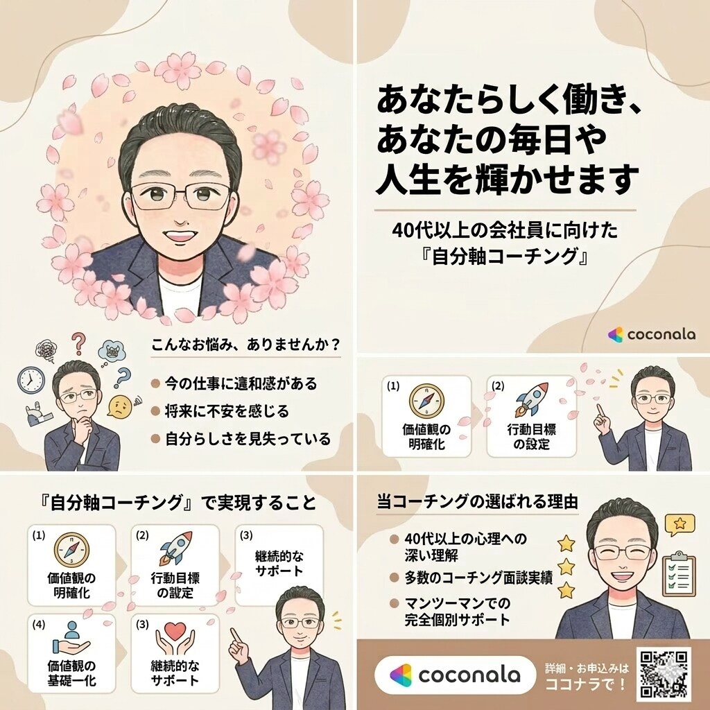 なんのために働く？40代以上・自分軸コーチします ４０代以上の会社員に向けた『自分軸コーチング』をご提供します イメージ3