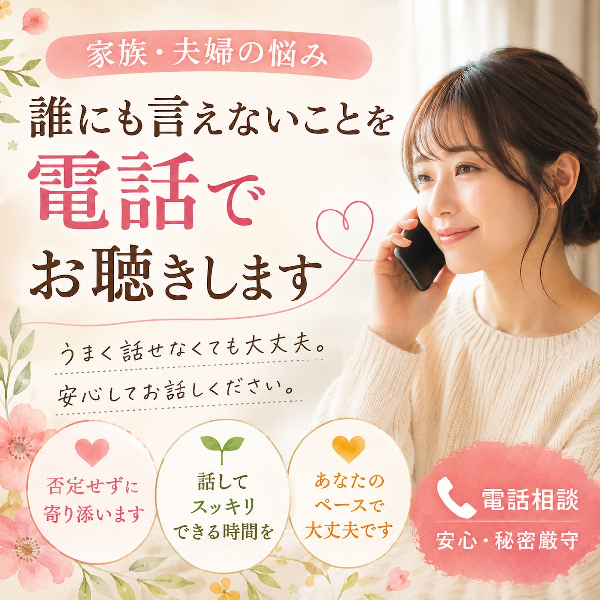 家族・夫婦の悩み、誰にも言えないことをお聴きします 誰にも言えない気持ちを、安心してお話しください。 イメージ1