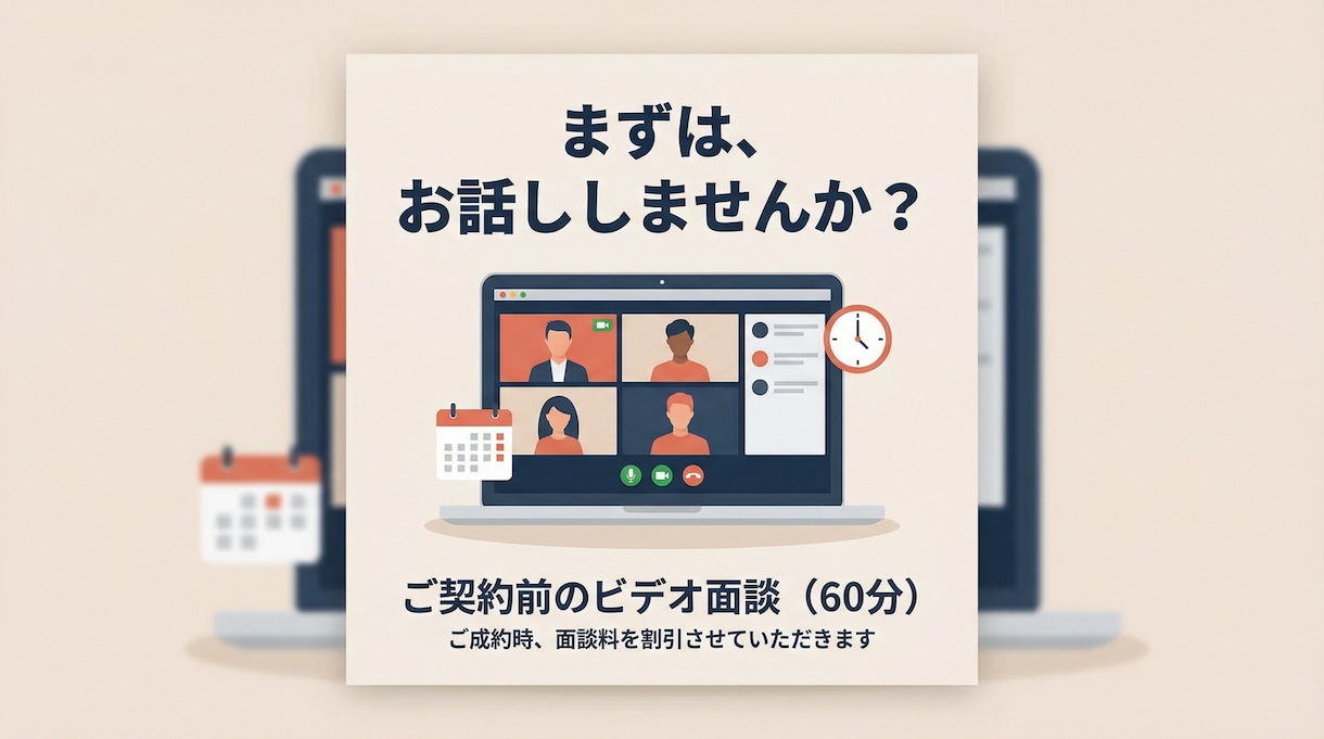 本契約前にビデオ通話で打ち合わせを行います 打ち合せ用です。本契約時に打ち合せ分の値引きを行います。 イメージ1