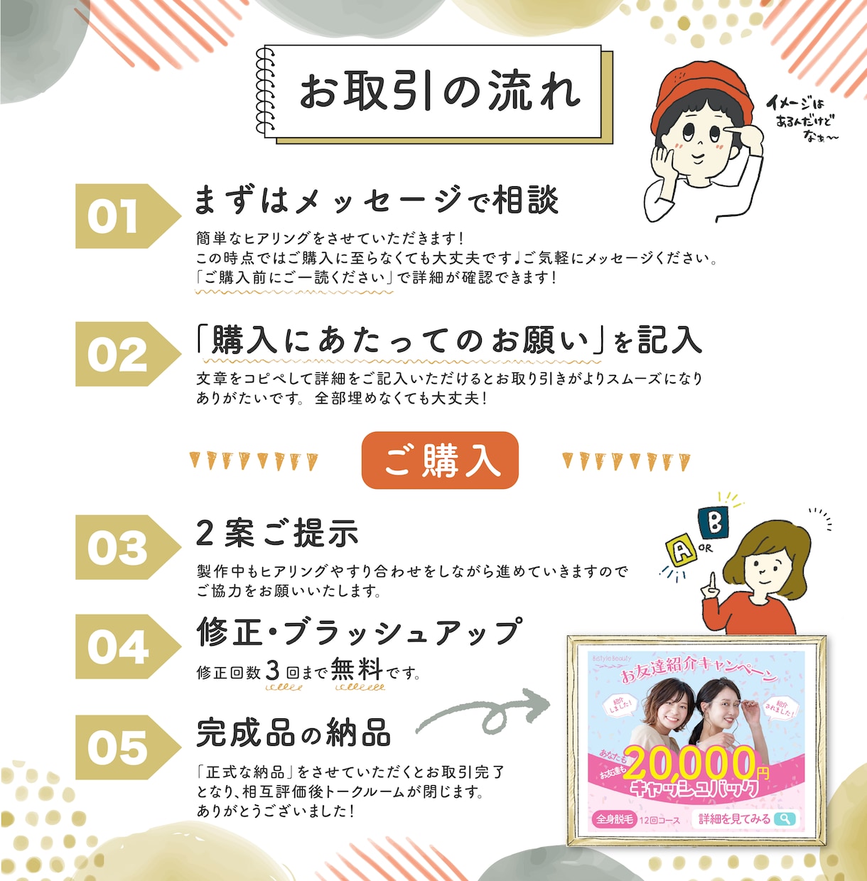 パッと目を惹くイラスト入りのデザイン作成承ります しっかりヒアリング＋ほっこりイラストで他とは違うデザインに♩ イメージ2