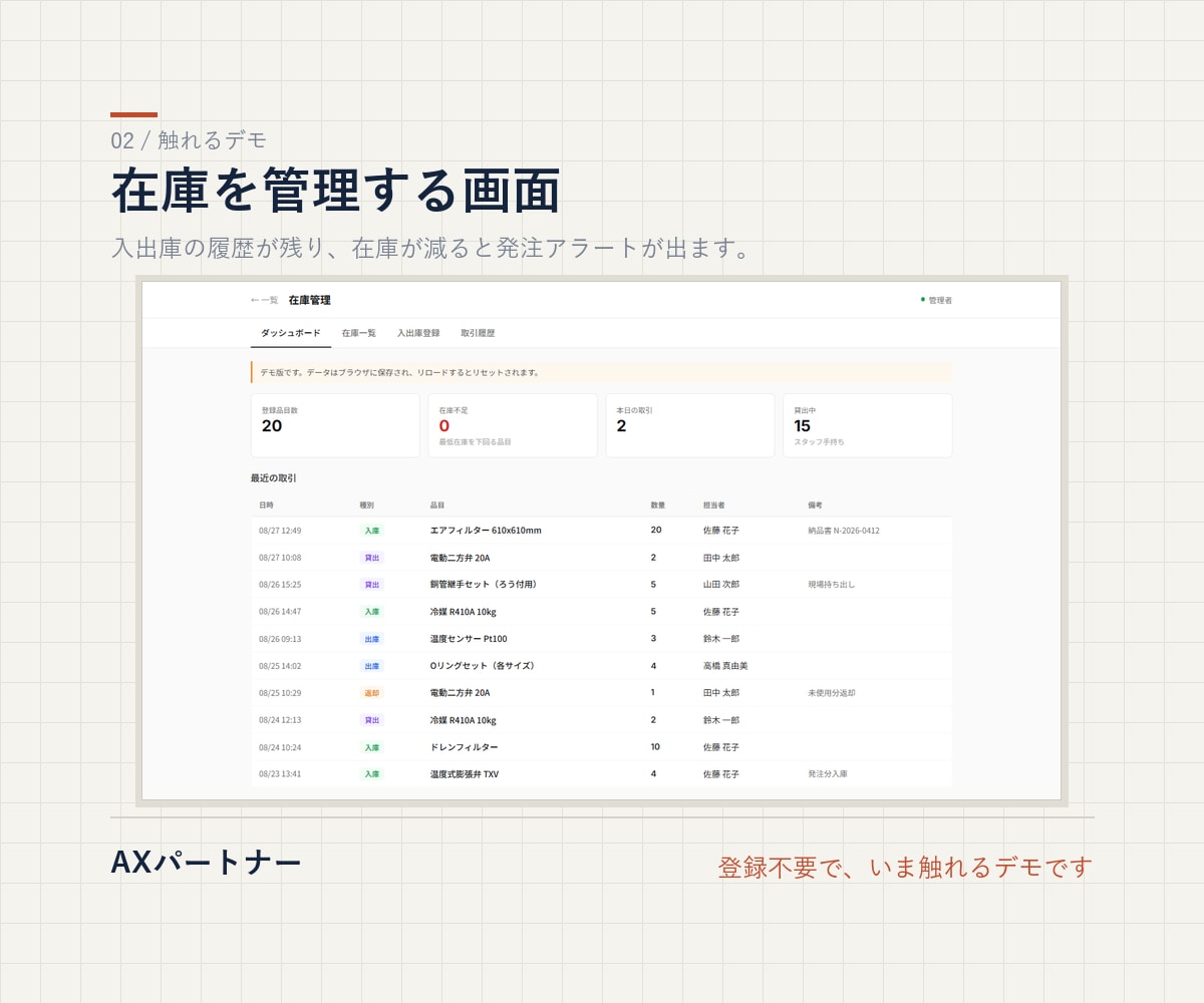 毎月くり返す事務作業を、御社専用アプリにします 紙とExcelの手作業を、月額ゼロの買い切りで イメージ5