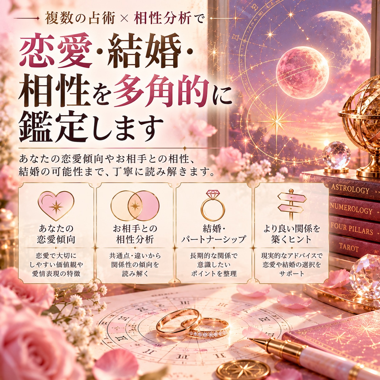 複数占術で恋愛・結婚・相性を鑑定します 恋愛傾向から2人の相性まで、東洋×西洋の占術で多角的に分析 イメージ1