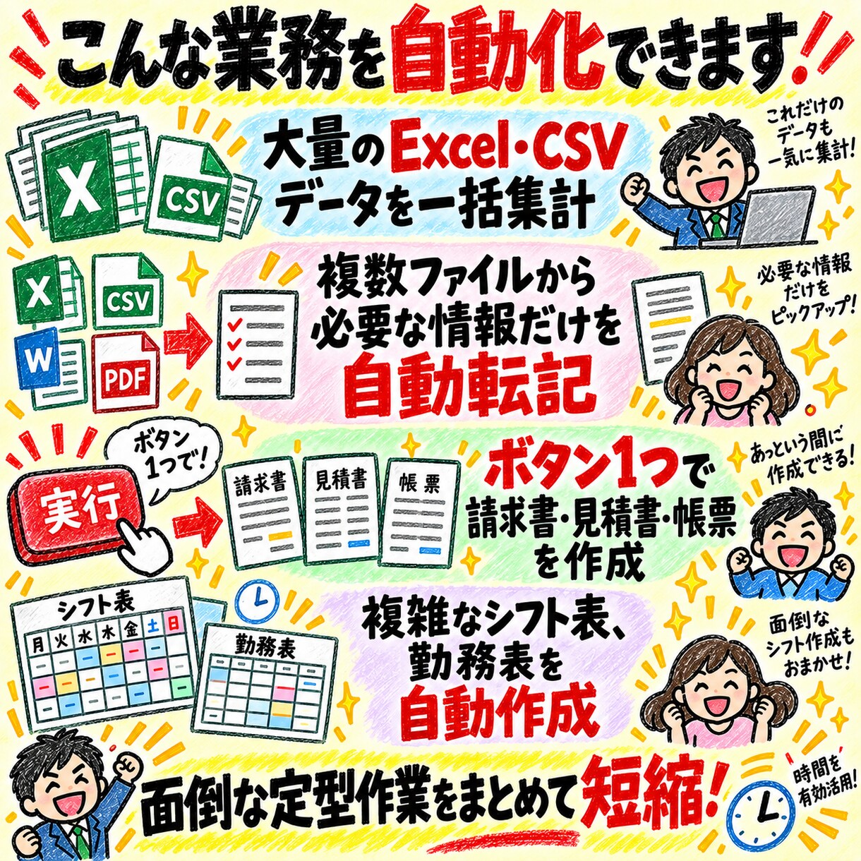 面倒なExcel作業を、ボタン1つに自動化します 毎日の面倒なExcel作業を、数秒で終わらせます。 イメージ3