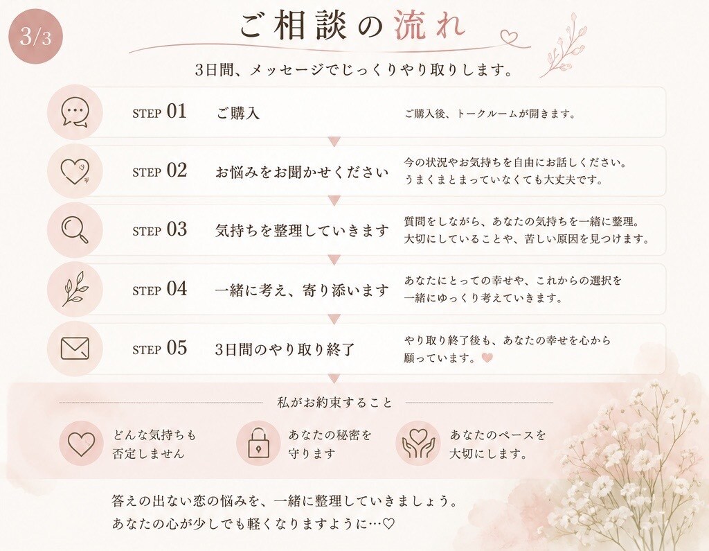 答えの出ない恋の悩みを一緒に整理します どんな気持ちも否定せず、まずはそのまま受け止めます！ イメージ3
