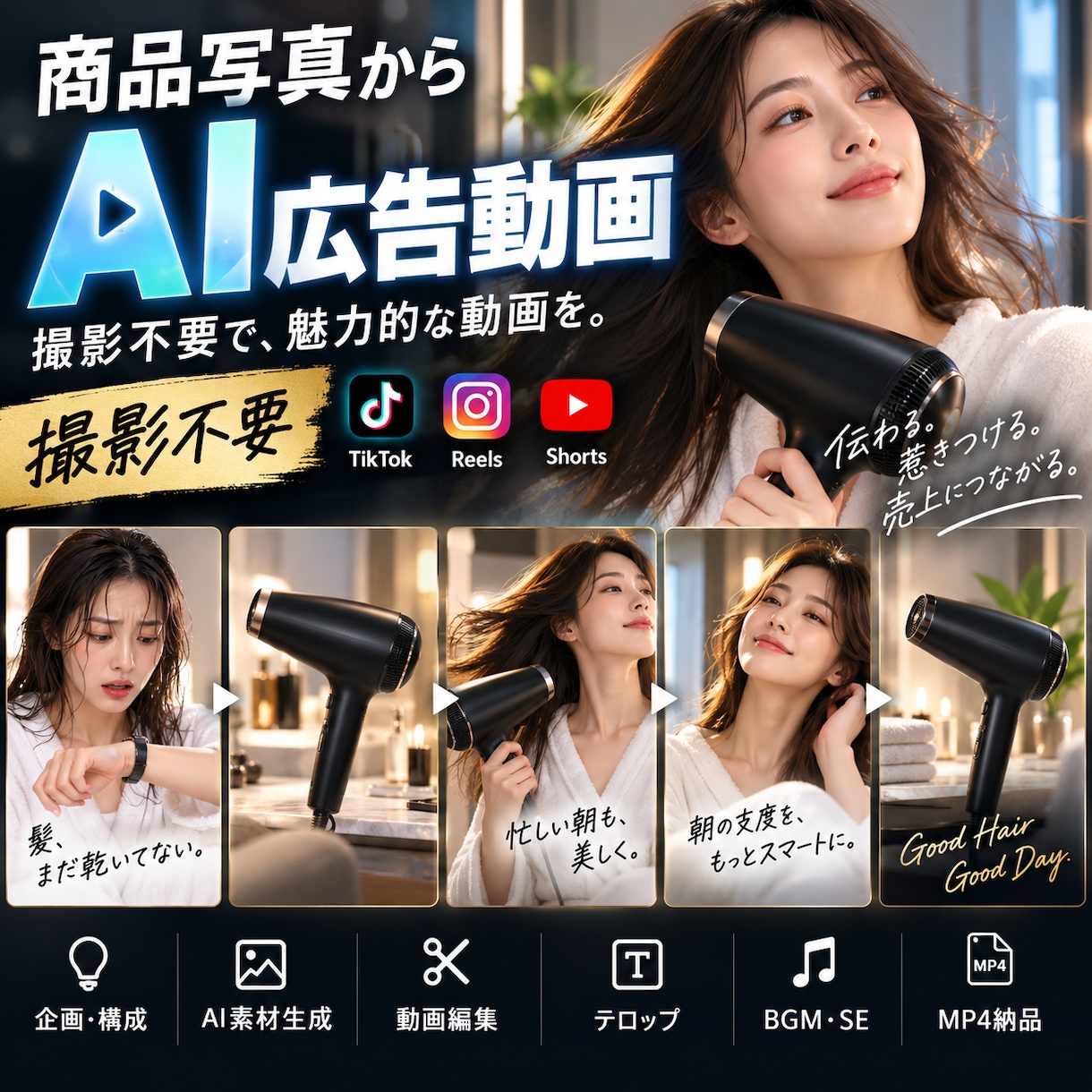 商品写真からAIショート広告動画を制作します 撮影不要｜TikTok・Shorts向け縦型PR動画 イメージ1