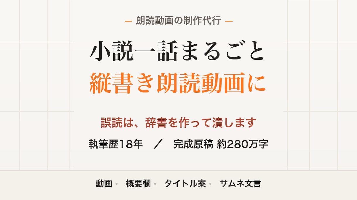 小説一話を縦書き明朝の朗読動画にします 人名も地名も、辞書に登録してから読ませます イメージ1