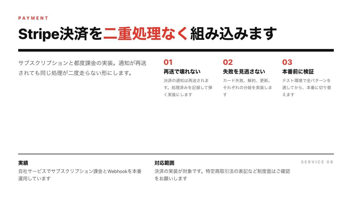 WebサイトにStripe決済を導入します 都度課金もサブスクも、失敗時の扱いまで実装します イメージ1