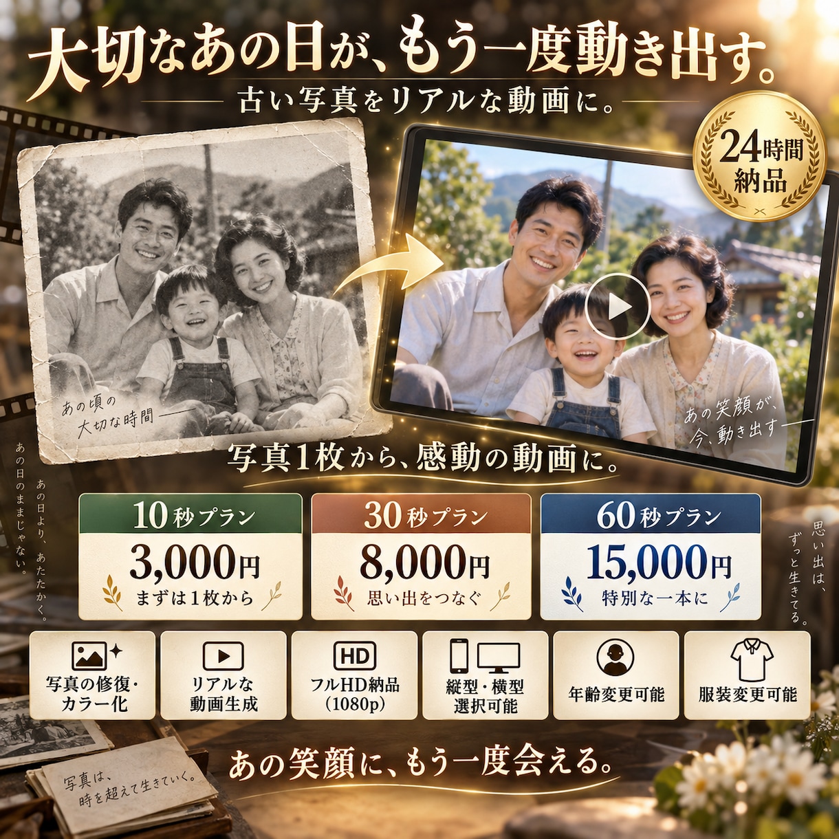 24時間納品｜古い写真をリアル動画に蘇らせます 写真だった思い出が、もう一度動き出す。 イメージ1