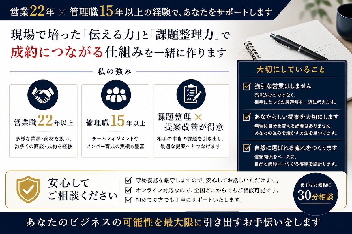 売り込みが苦手な起業家さんの営業相談に乗ります 売り込まず自然に選ばれる提案方法を整理します イメージ3