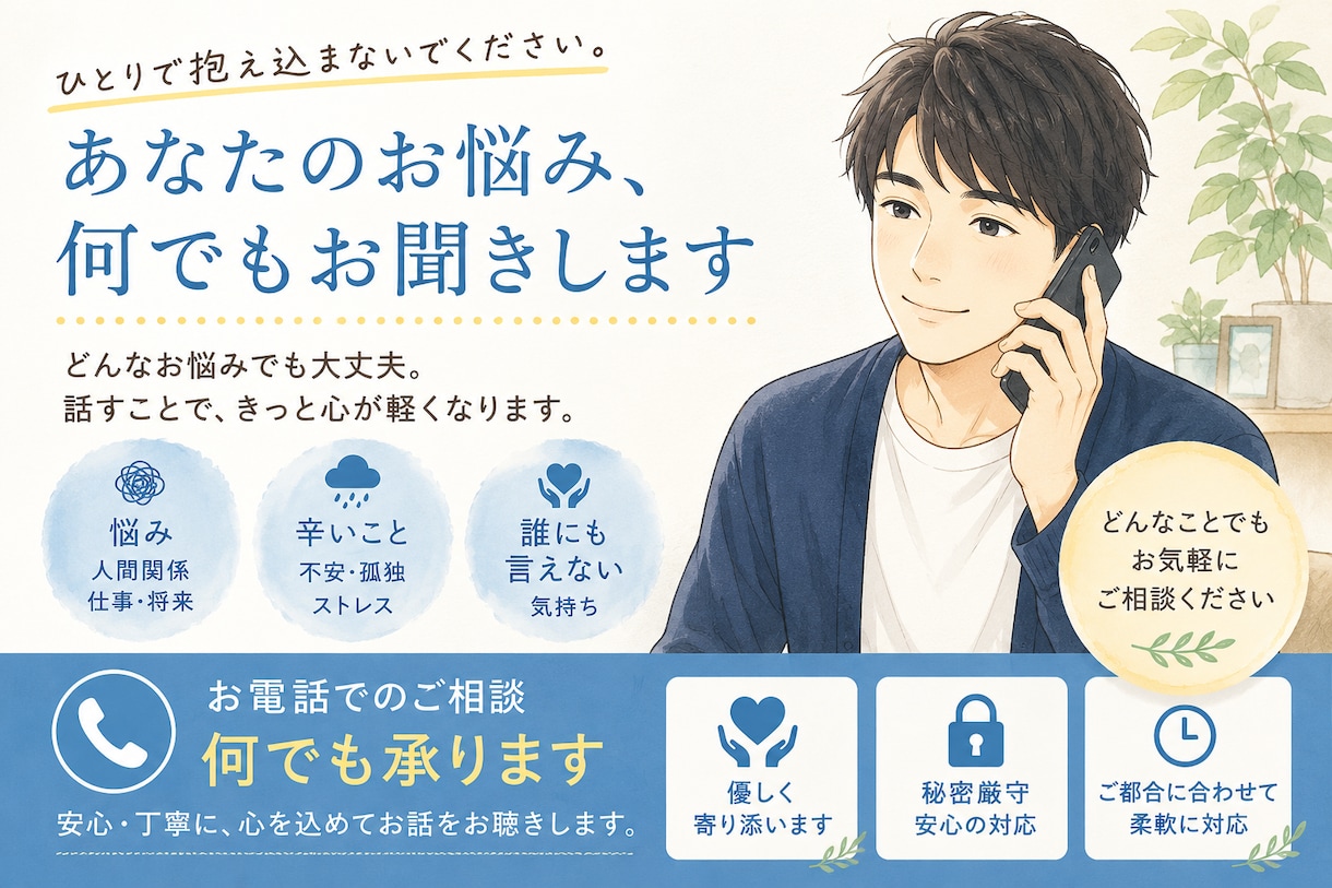 辛いこと、悩みごとなんでもお聞きします 辛いことや悩み、恋愛や話し相手なんでも私が致します！ イメージ1
