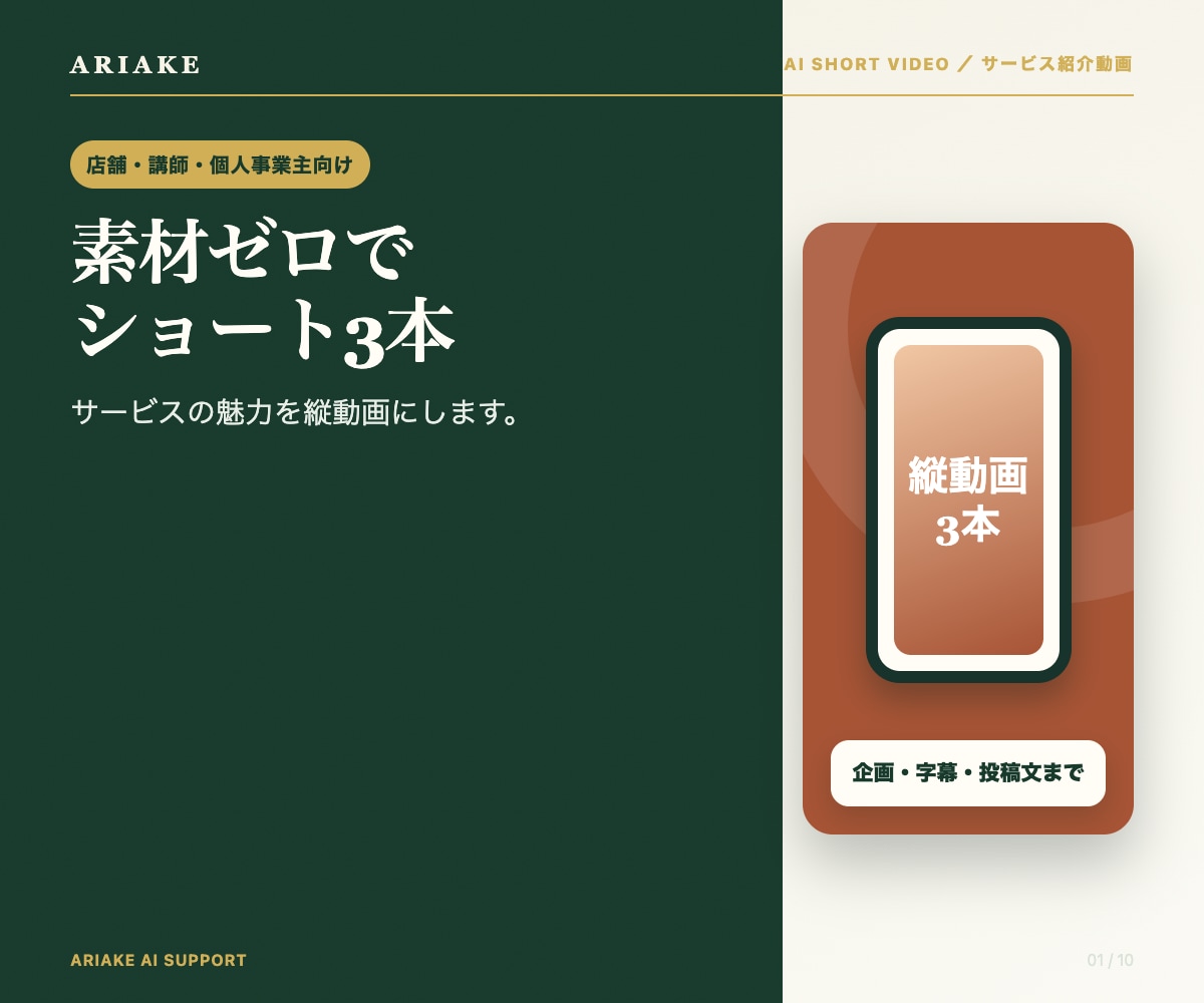 素材ゼロからサービス紹介ショート3本を作ります 企画・映像・字幕・投稿文までまとめて制作します イメージ1