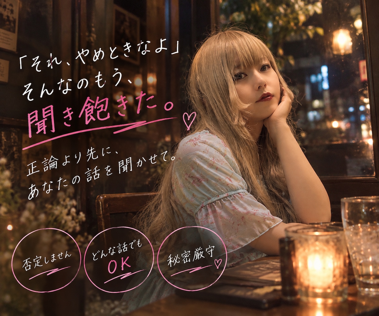 理屈じゃない。人に言えない恋ほど、真面目に聞きます 酸いも甘いも経験済み。恋愛話は十人十色。だから受け止めます。 イメージ1