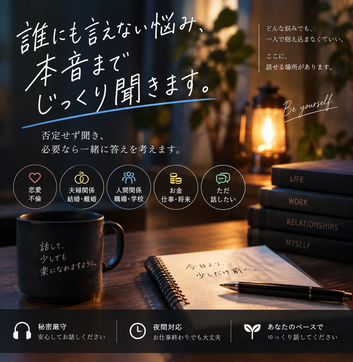 誰にも言えない悩み、本音までじっくり聞きます 否定せず聞き、必要なら一緒に答えを考えます イメージ1