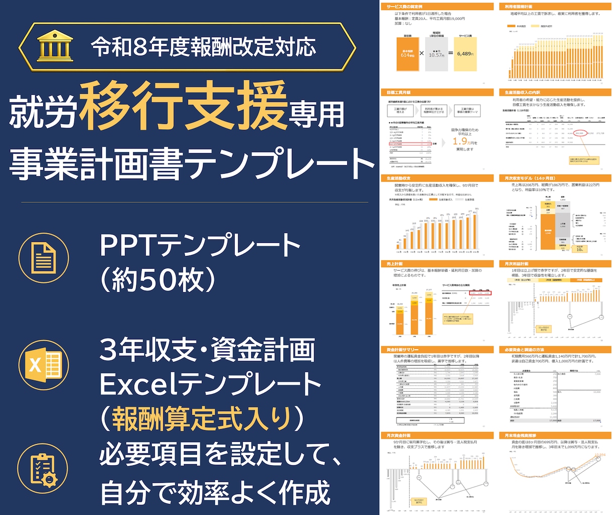 就労移行支援の事業計画書テンプレを販売します 構成済みPPT約50枚＋報酬算定式入り3年収支・資金計画 イメージ1