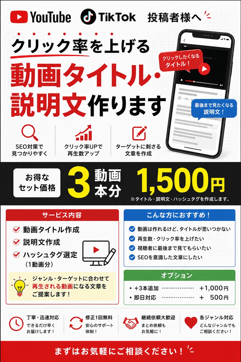 再生数を伸ばす動画タイトルと説明文を作成します 伸び悩む動画を文章の力で改善します イメージ1