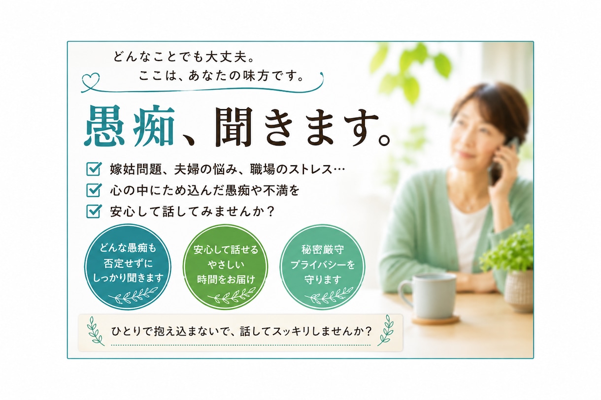 人間関係の愚痴　聞きます 誰にも言えない愚痴　ここで吐き出してね イメージ1